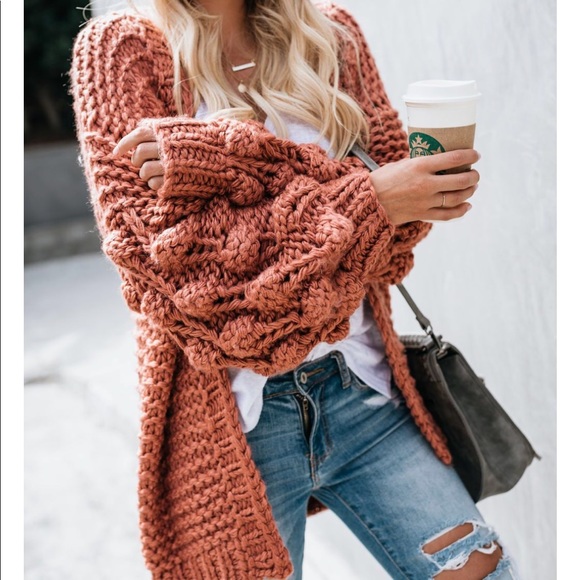 NWT Popcorn Sleeve Rust Handmade Cardigan - Picture 3 of 8